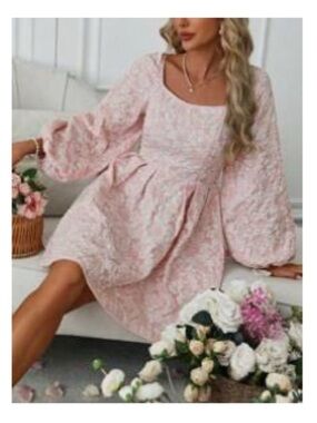 Women’s Pink Textured Puff-Sleeve Dress